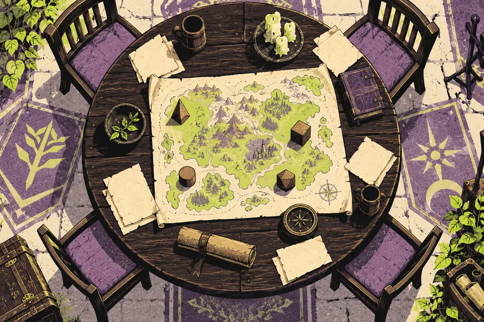 Illustration eines Tisches mit Karte und Spielsteinen