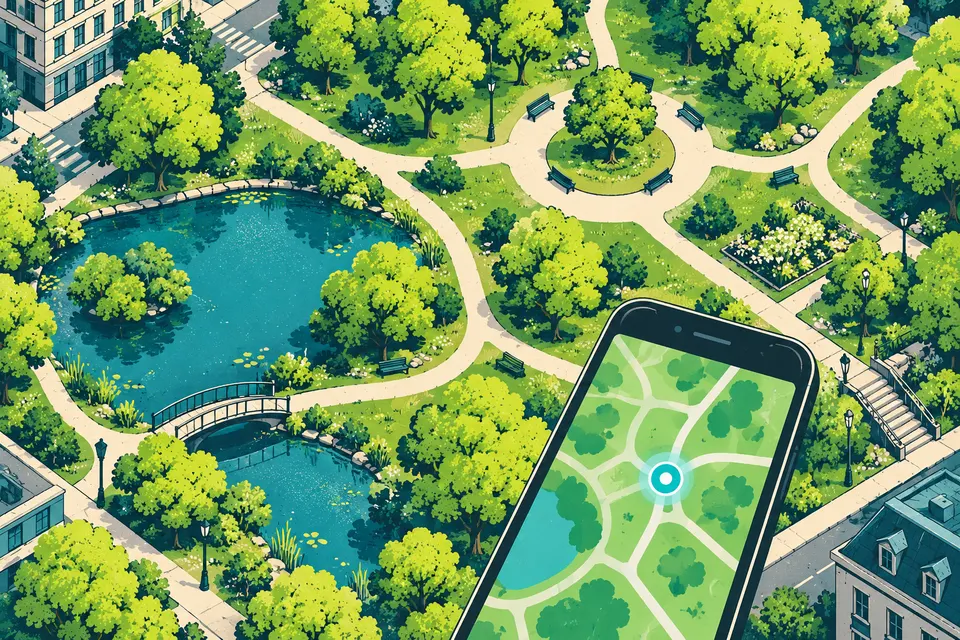 Illustration von Parkwegen mit Smartphone und Standortmarkierung